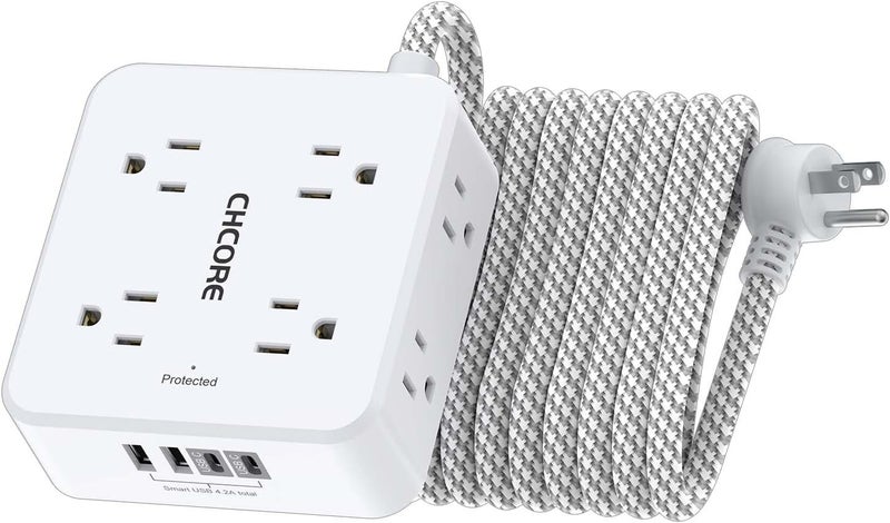 Core Surge Protector Power Strip - 15Ft Braided Extension Cord with 8 Outlets with 4 USB (2 USB C) Charging Ports, Flat Plug Multi Plug Outlet Extender Charging Station for Home Office, ETL, White - Image 1